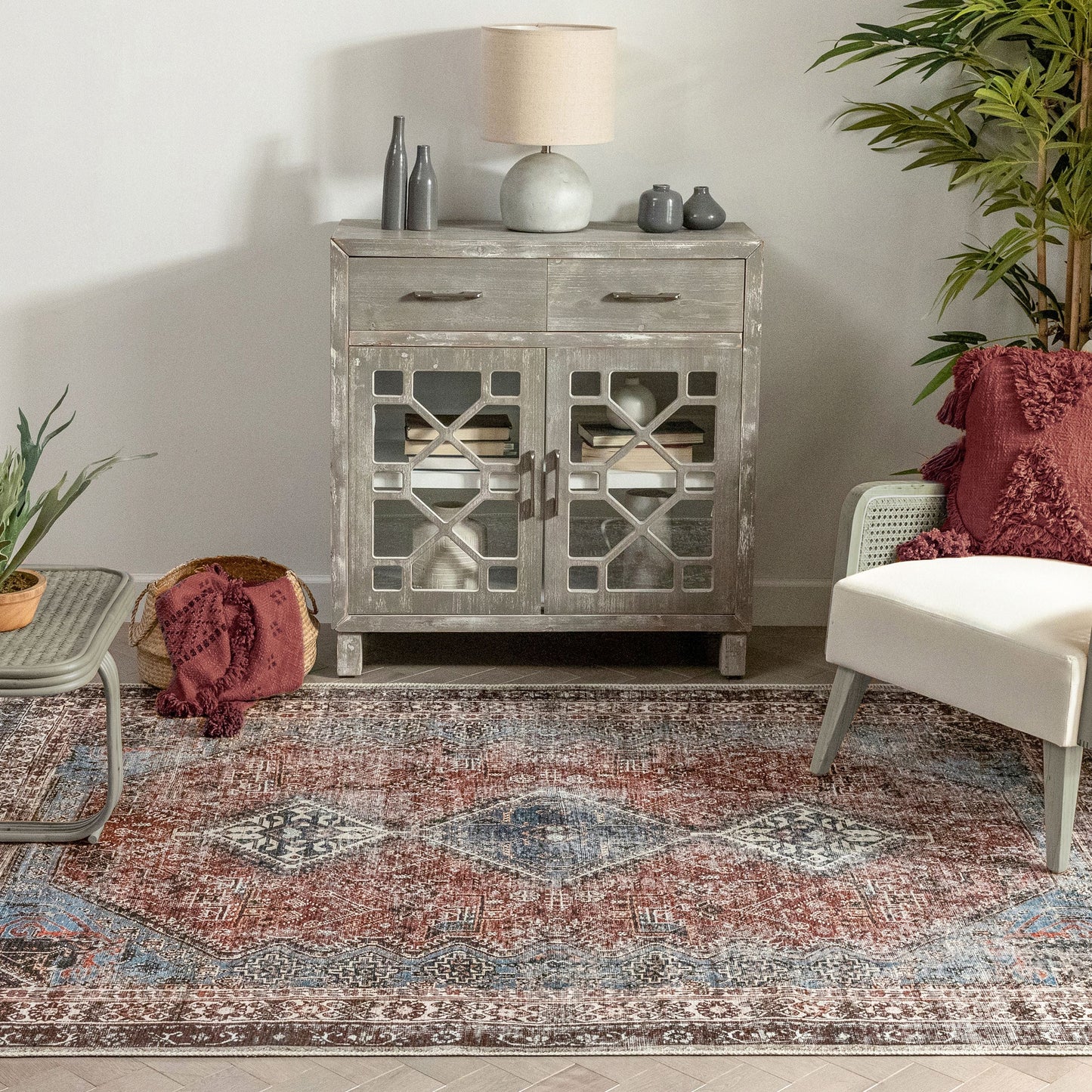 Menda Machine Washable Vintage Bohemian Meallion Oriental Blush Flat-Weave Distressed Rug LOT-30