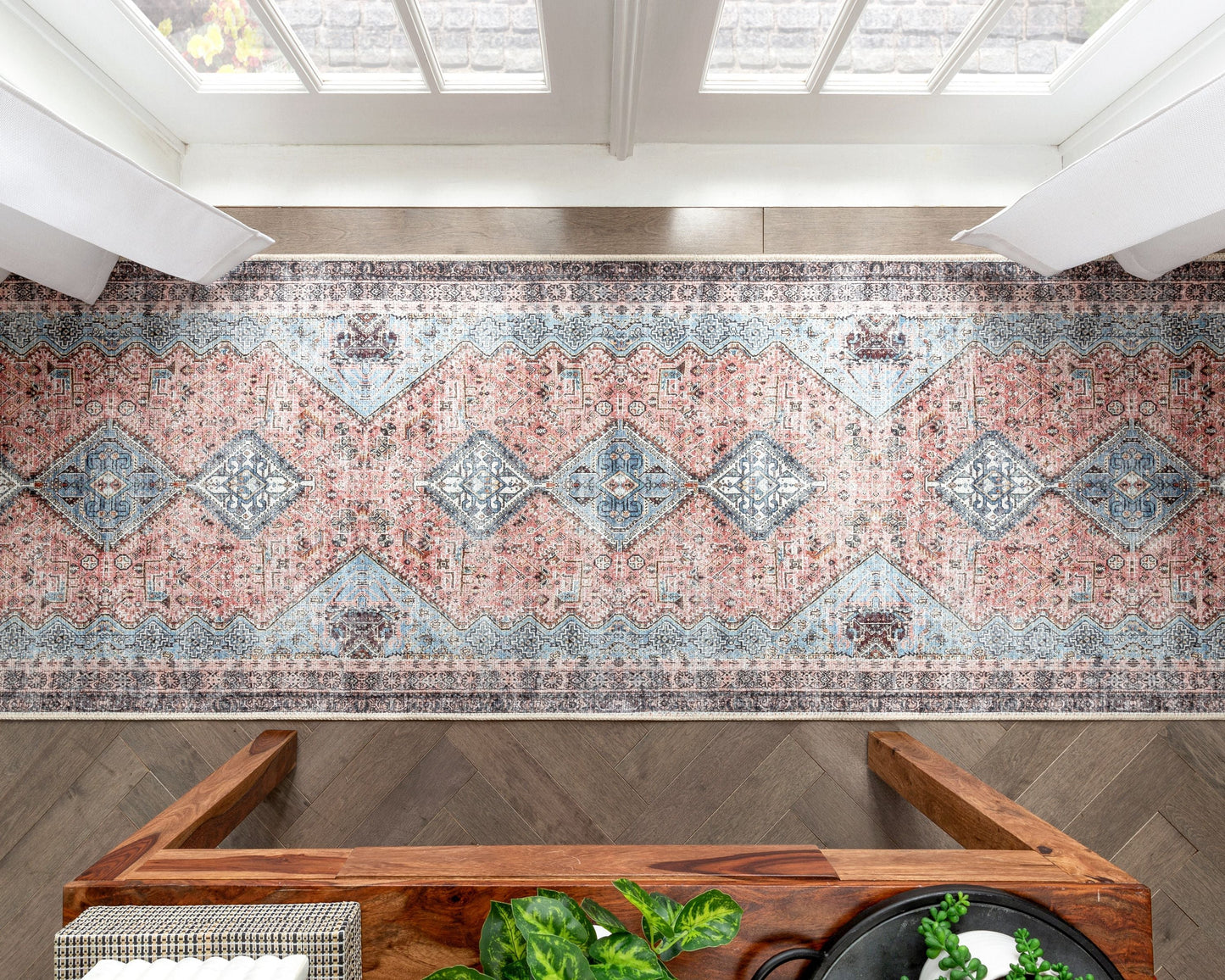 Menda Machine Washable Vintage Bohemian Meallion Oriental Light Blue Flat-Weave Distressed Rug LOT-36