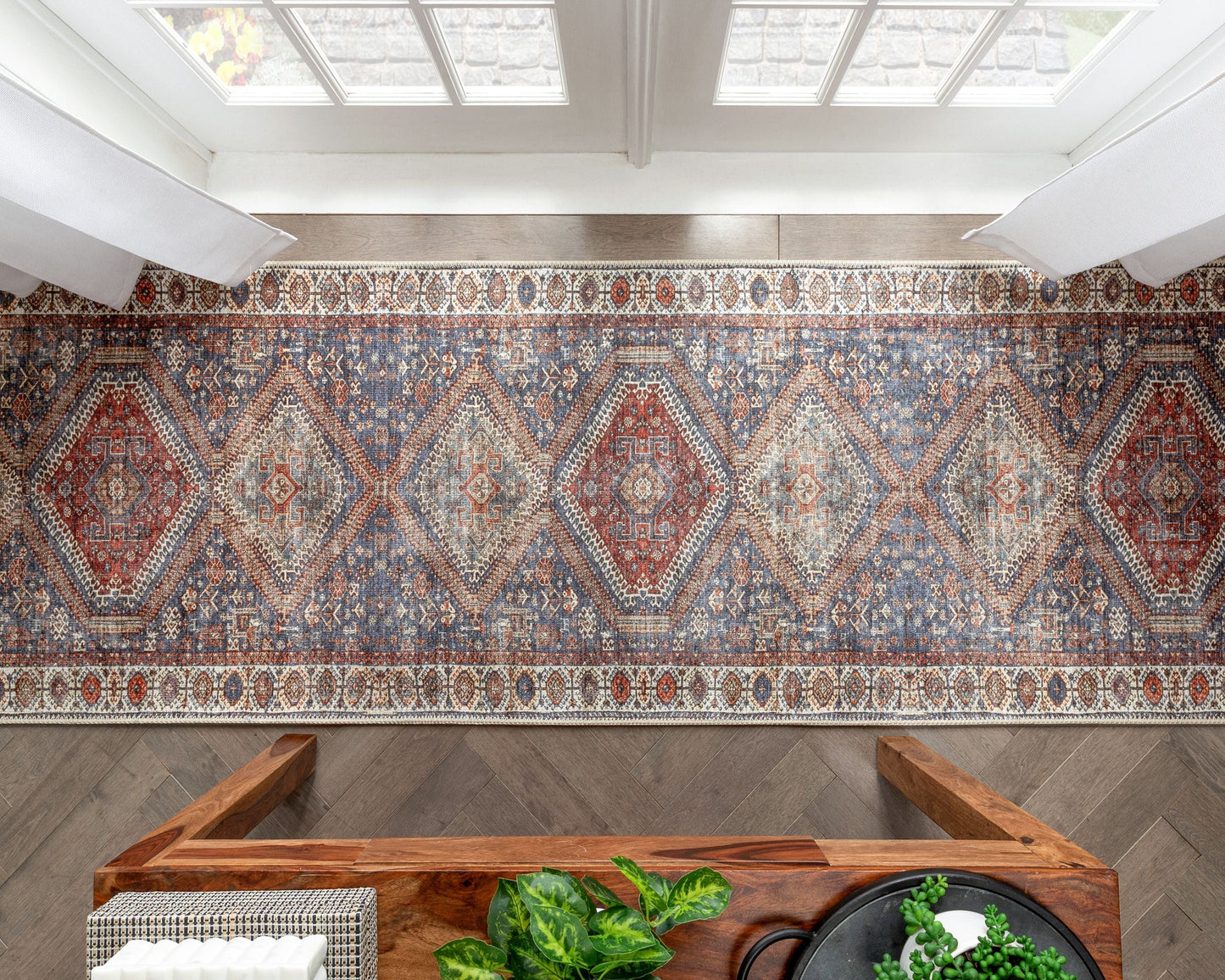 Ripon Machine Washable Vintage Medallion Botanical Border Blue Red Flat-Weave Distressed Rug LOT-50