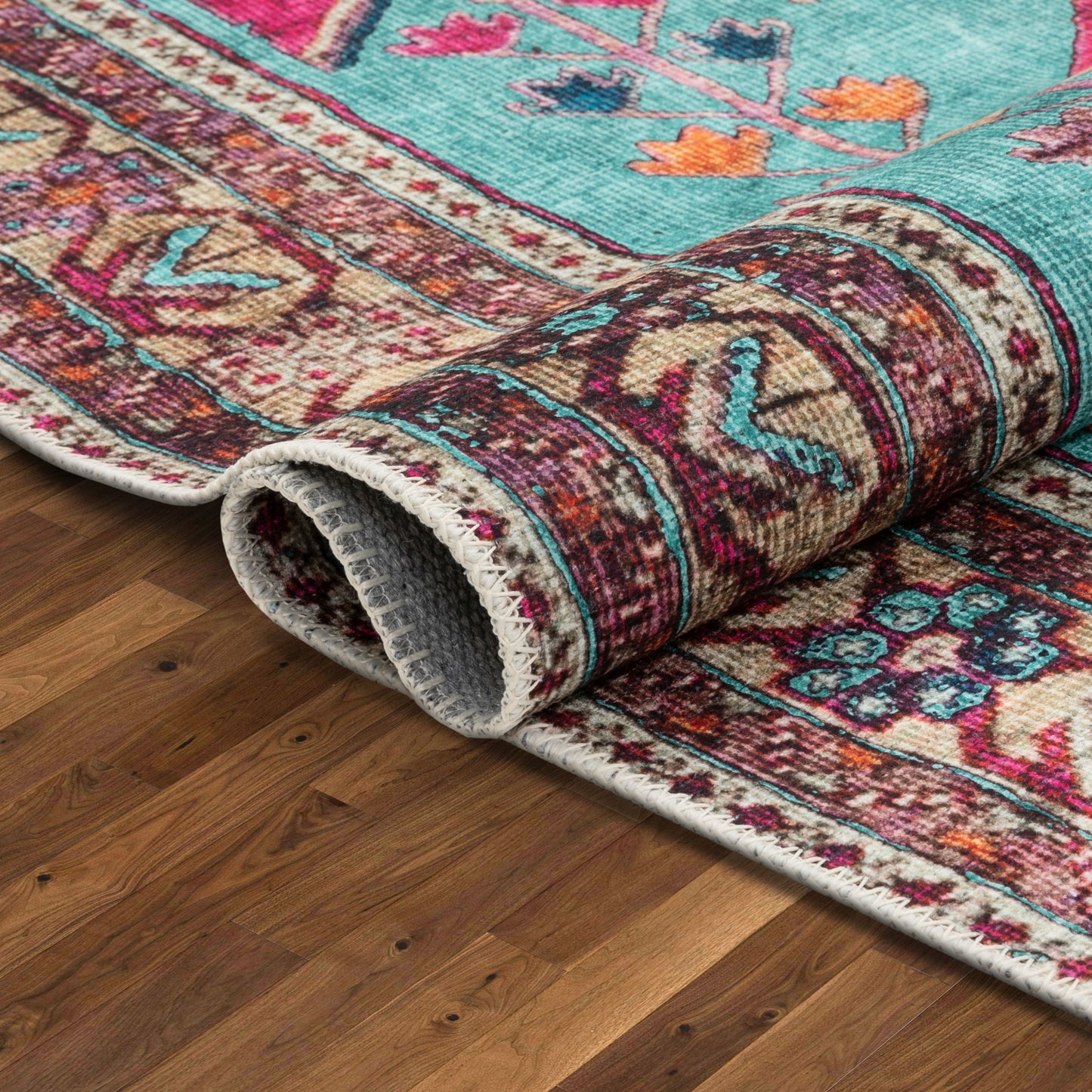 Shasta Machine Washable Vintage Bohemian Medallion Persian Blush Turquoise Flat-Weave Distressed Rug LOT-79
