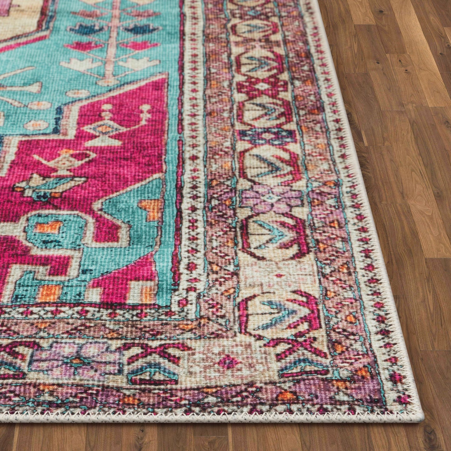 Shasta Machine Washable Vintage Bohemian Medallion Persian Blush Turquoise Flat-Weave Distressed Rug LOT-79
