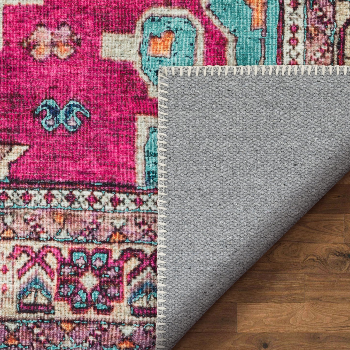 Shasta Machine Washable Vintage Bohemian Medallion Persian Blush Turquoise Flat-Weave Distressed Rug LOT-79