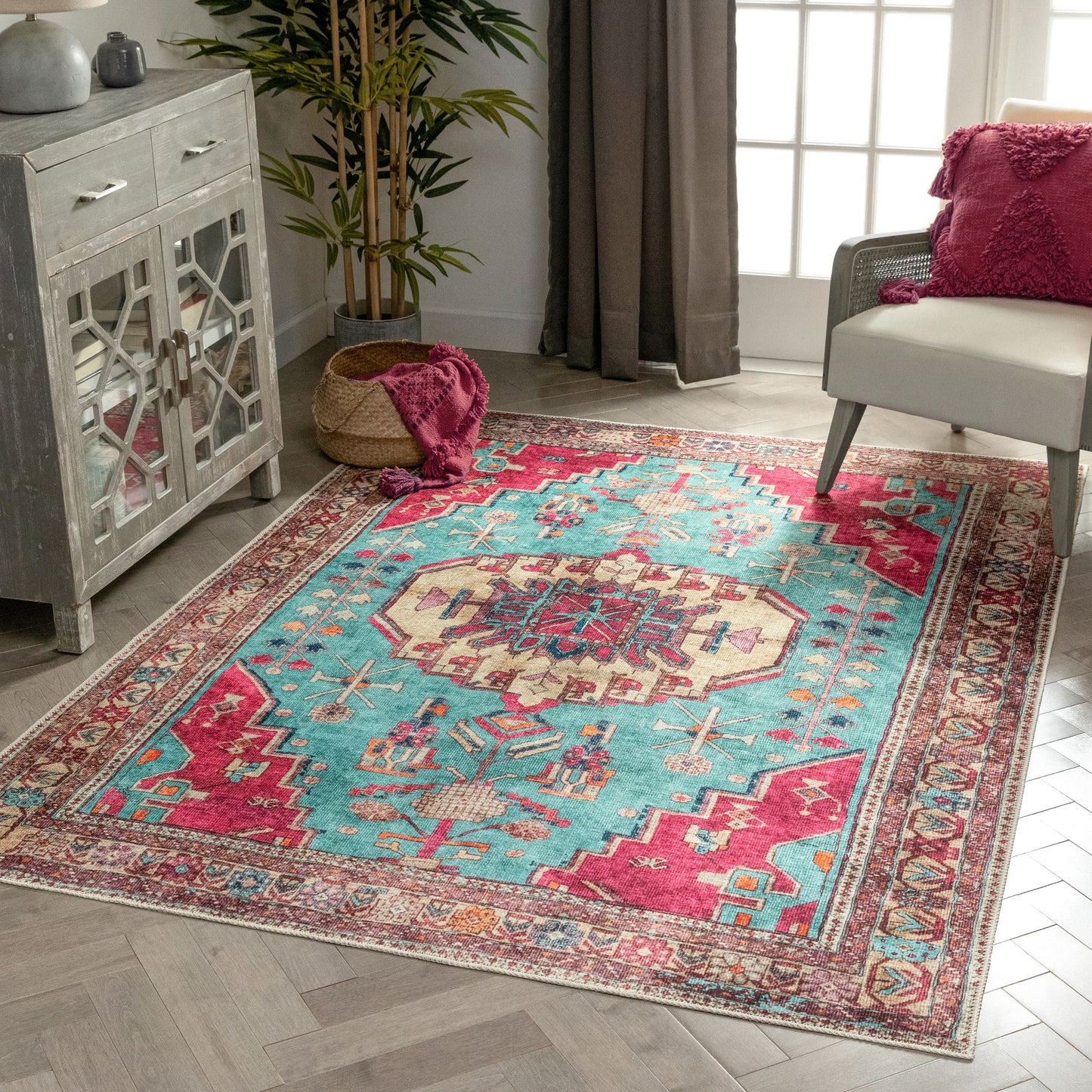 Shasta Machine Washable Vintage Bohemian Medallion Persian Blush Turquoise Flat-Weave Distressed Rug LOT-79