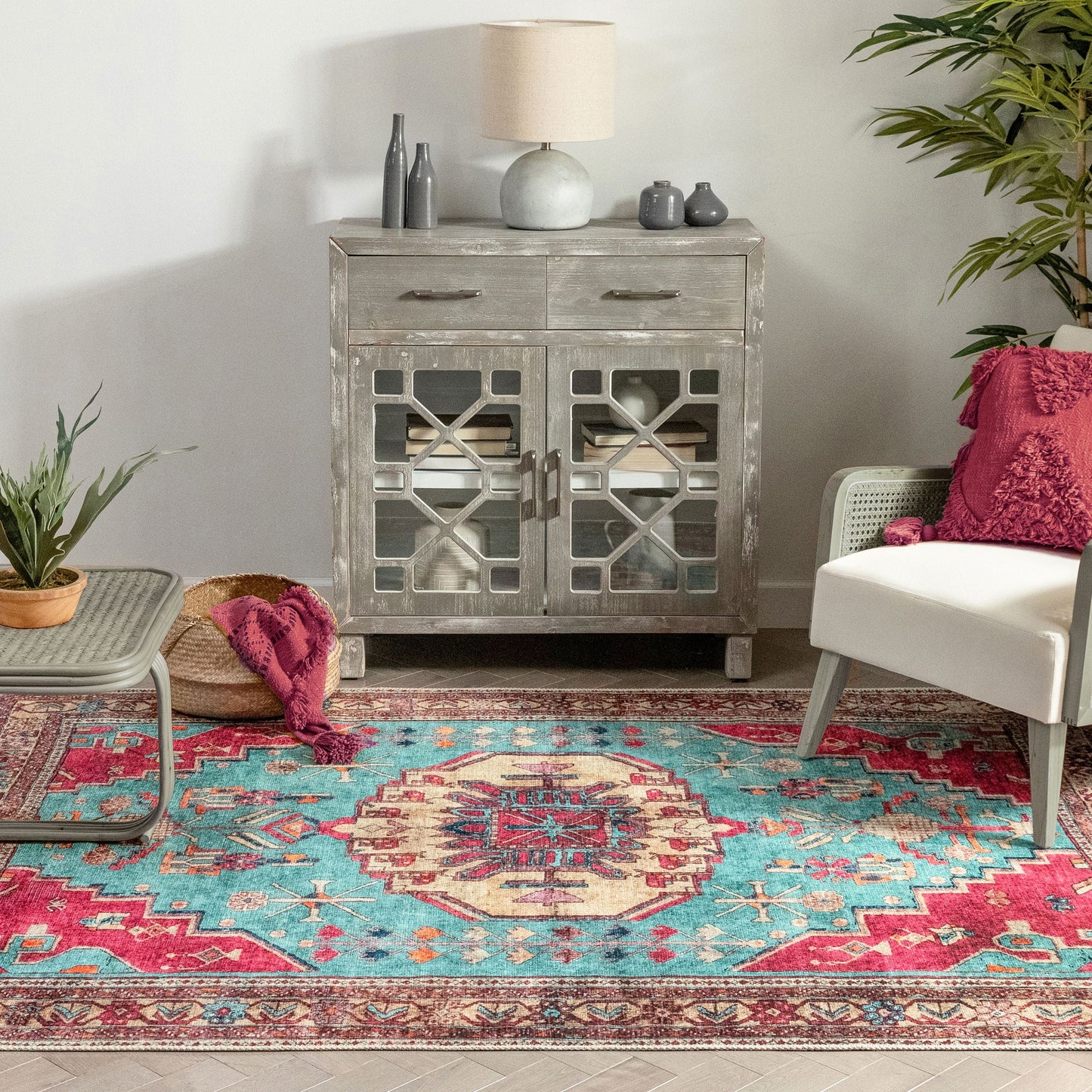 Shasta Machine Washable Vintage Bohemian Medallion Persian Blush Turquoise Flat-Weave Distressed Rug LOT-79