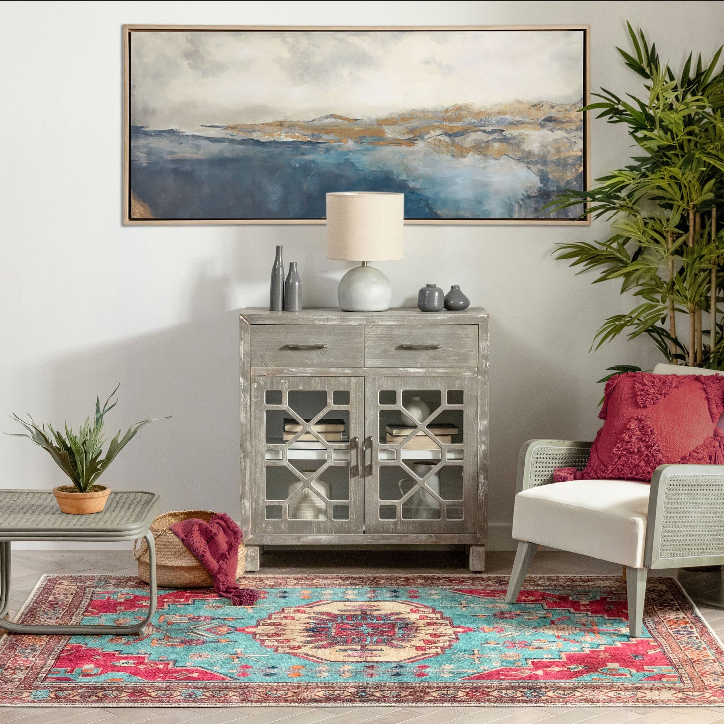 Shasta Machine Washable Vintage Bohemian Medallion Persian Blush Turquoise Flat-Weave Distressed Rug LOT-79
