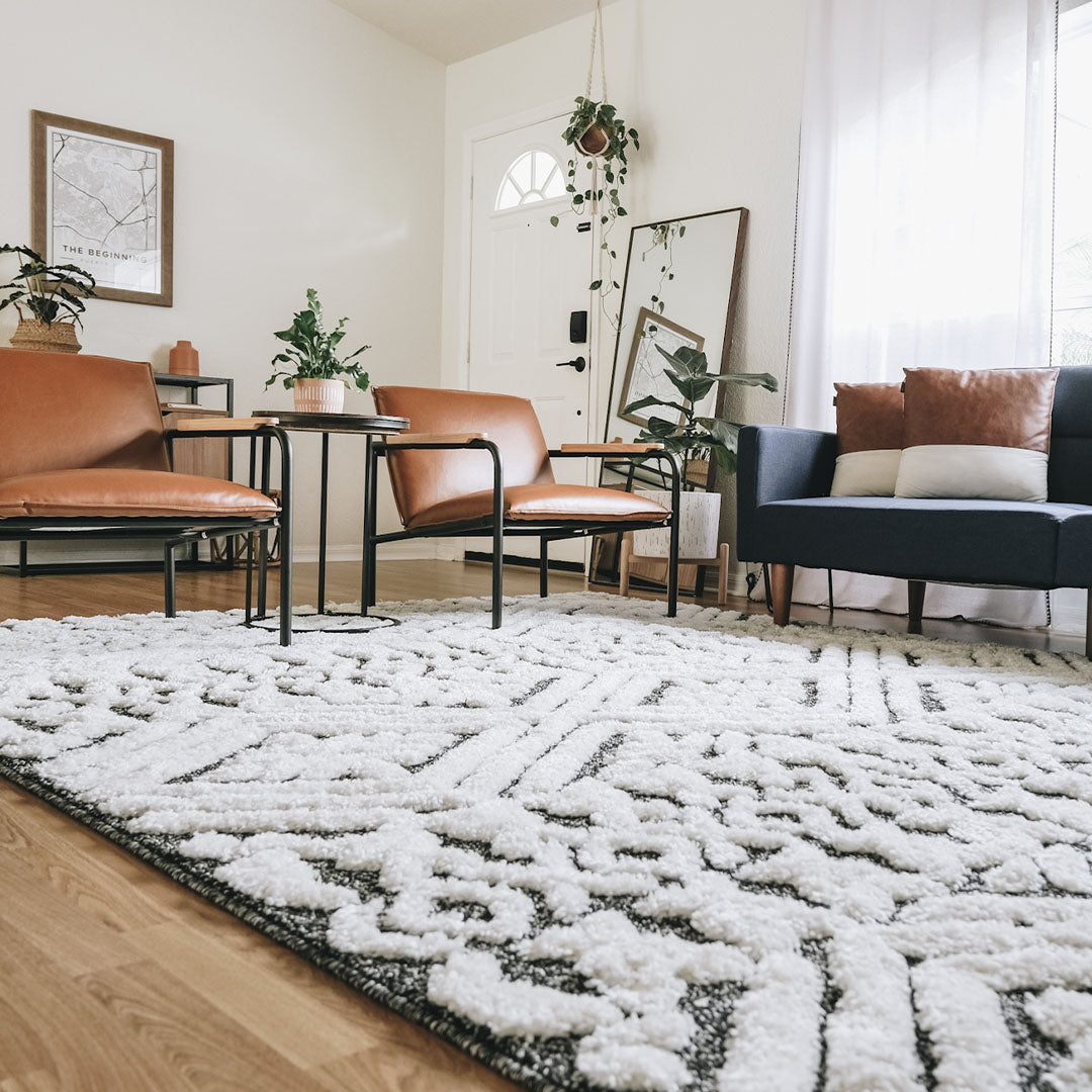 Eliana Tribal Geometric Chevron pattern Dark Grey White High-Low Textured Rug SAL-57
