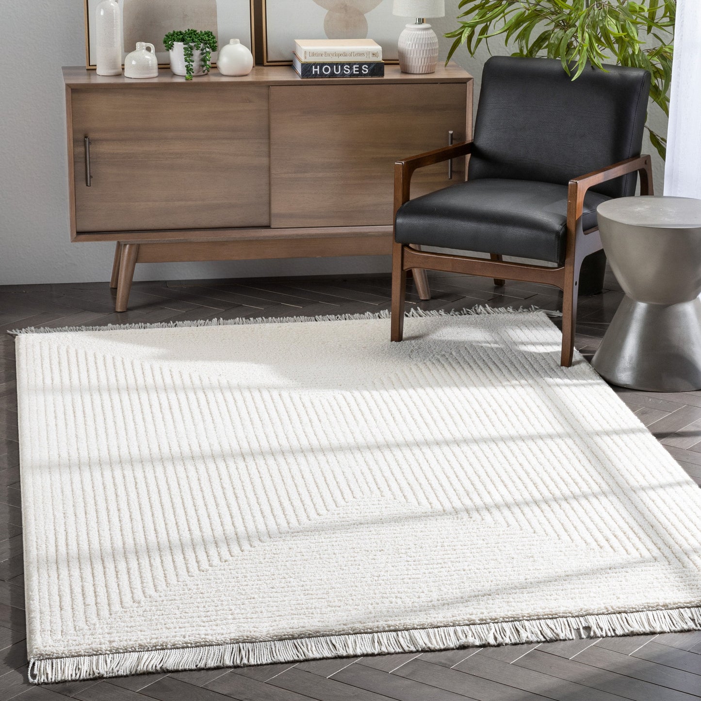 Monroe Solid & Striped Textured Ivory Ultra Soft High-Low Shag Rug MAI-32
