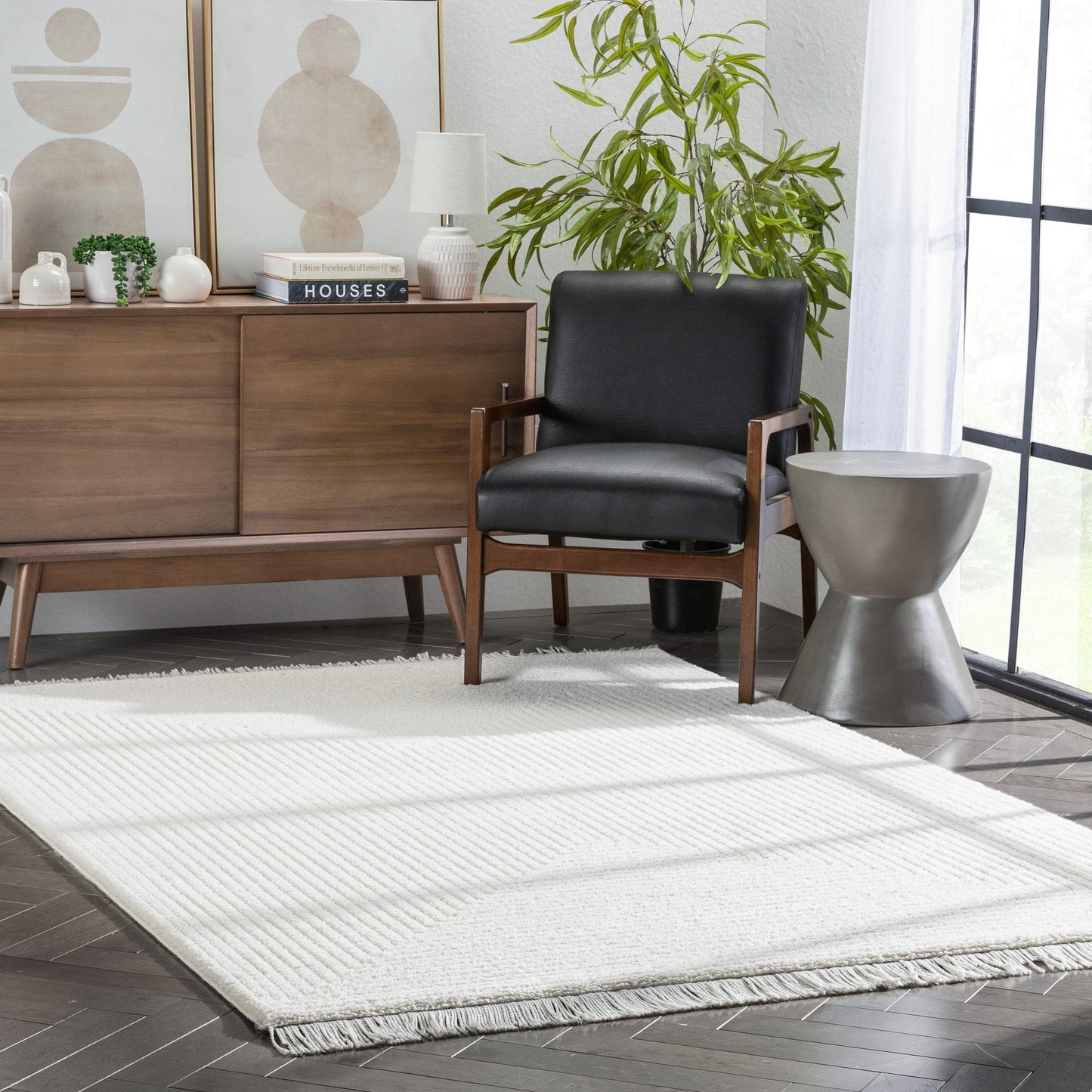 Monroe Solid & Striped Textured Ivory Ultra Soft High-Low Shag Rug MAI-32