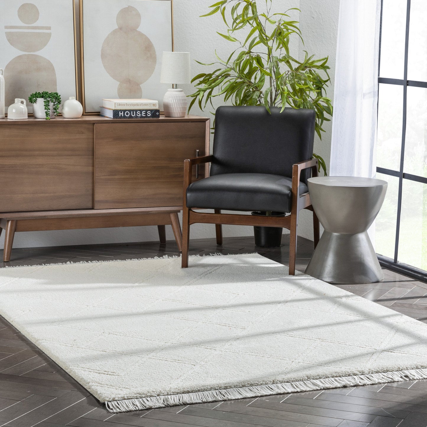 Firth Moroccan Trellis Textured Ivory Ultra Soft High-Low Shag Rug MAI-52