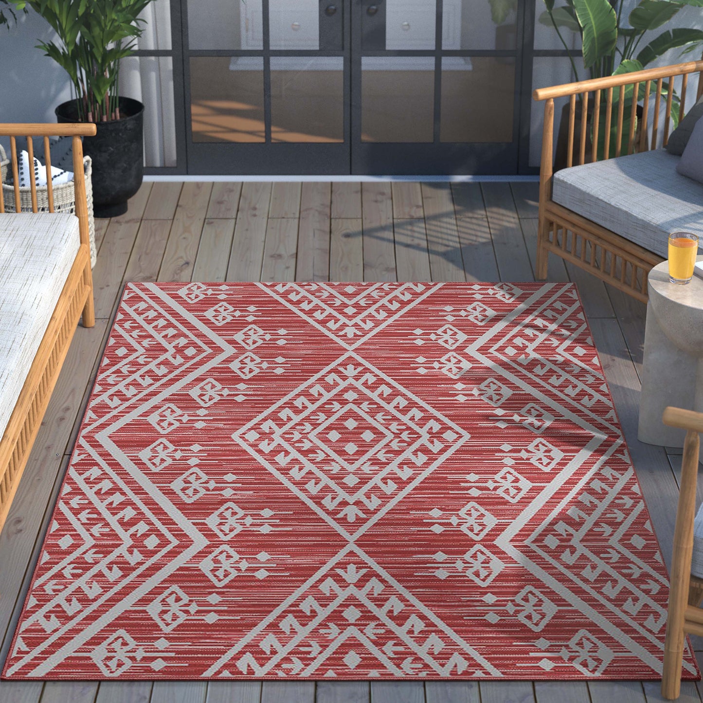 Cascade Tribal Diamond Pattern Indoor/Outdoor Red Flat-Weave Rug MED-190