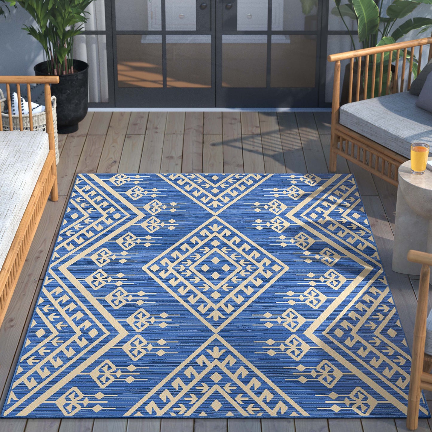 Cascade Tribal Diamond Pattern Indoor/Outdoor Blue Flat-Weave Rug MED-194