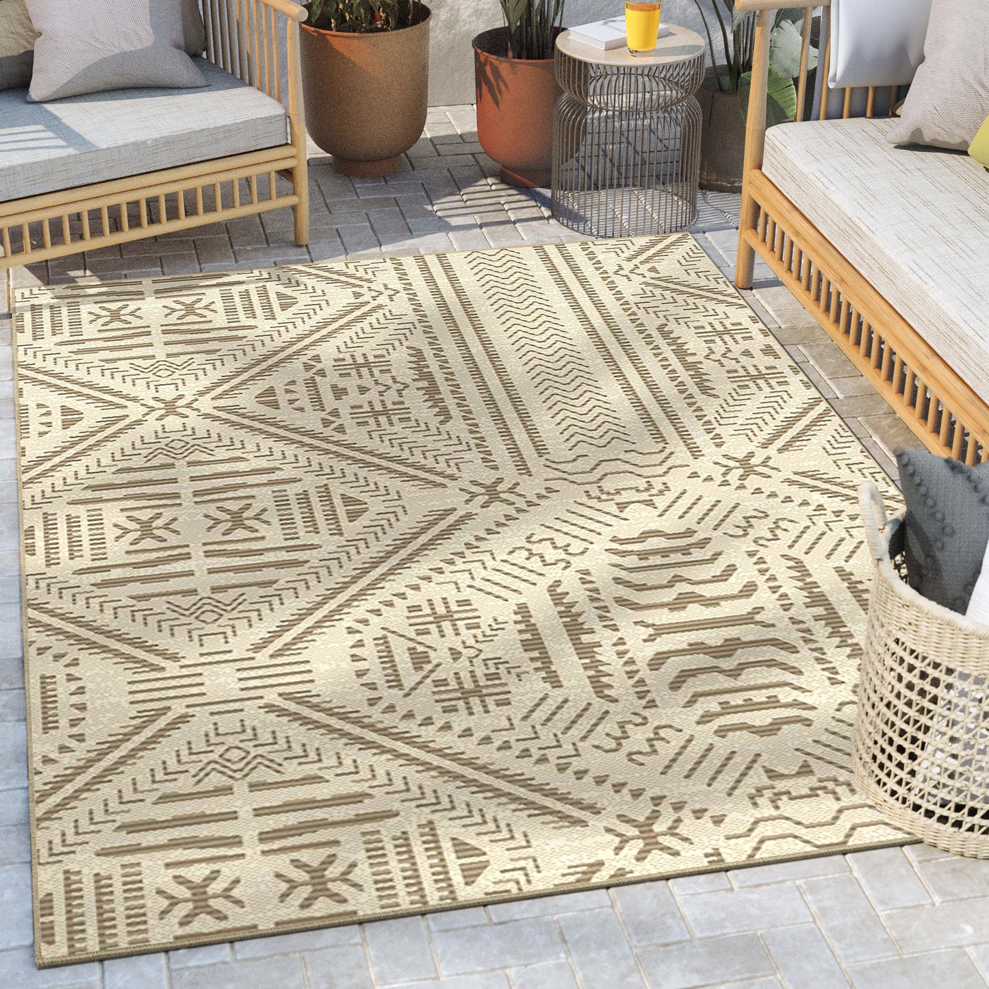 Khalo Tribal Indoor/Outdoor Beige Flat-Weave Rug MED-222