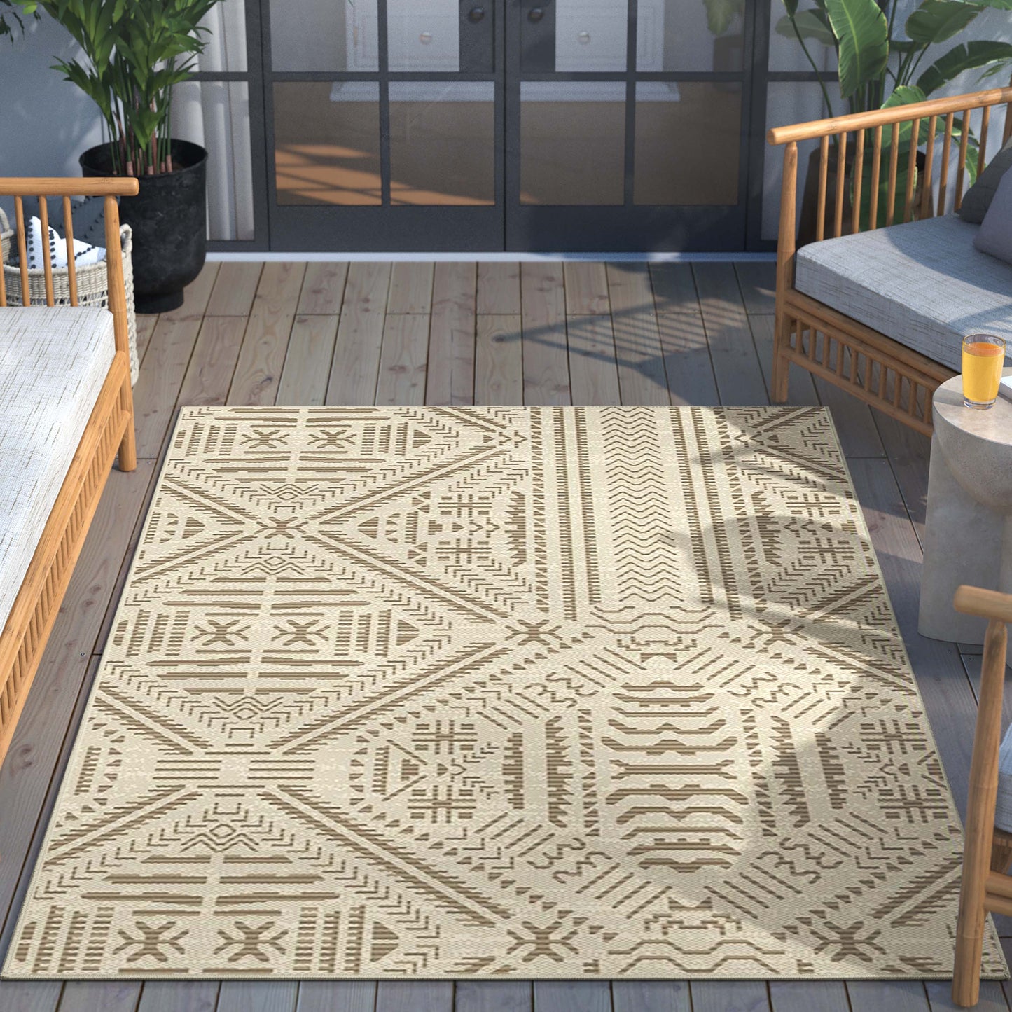 Khalo Tribal Indoor/Outdoor Beige Flat-Weave Rug MED-222
