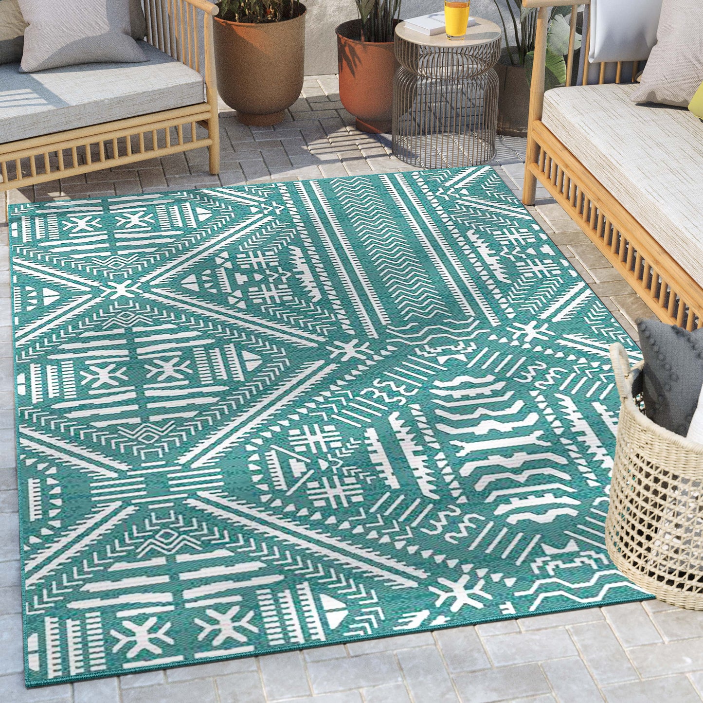 Khalo Tribal Indoor/Outdoor Teal Blue Flat-Weave Rug MED-226
