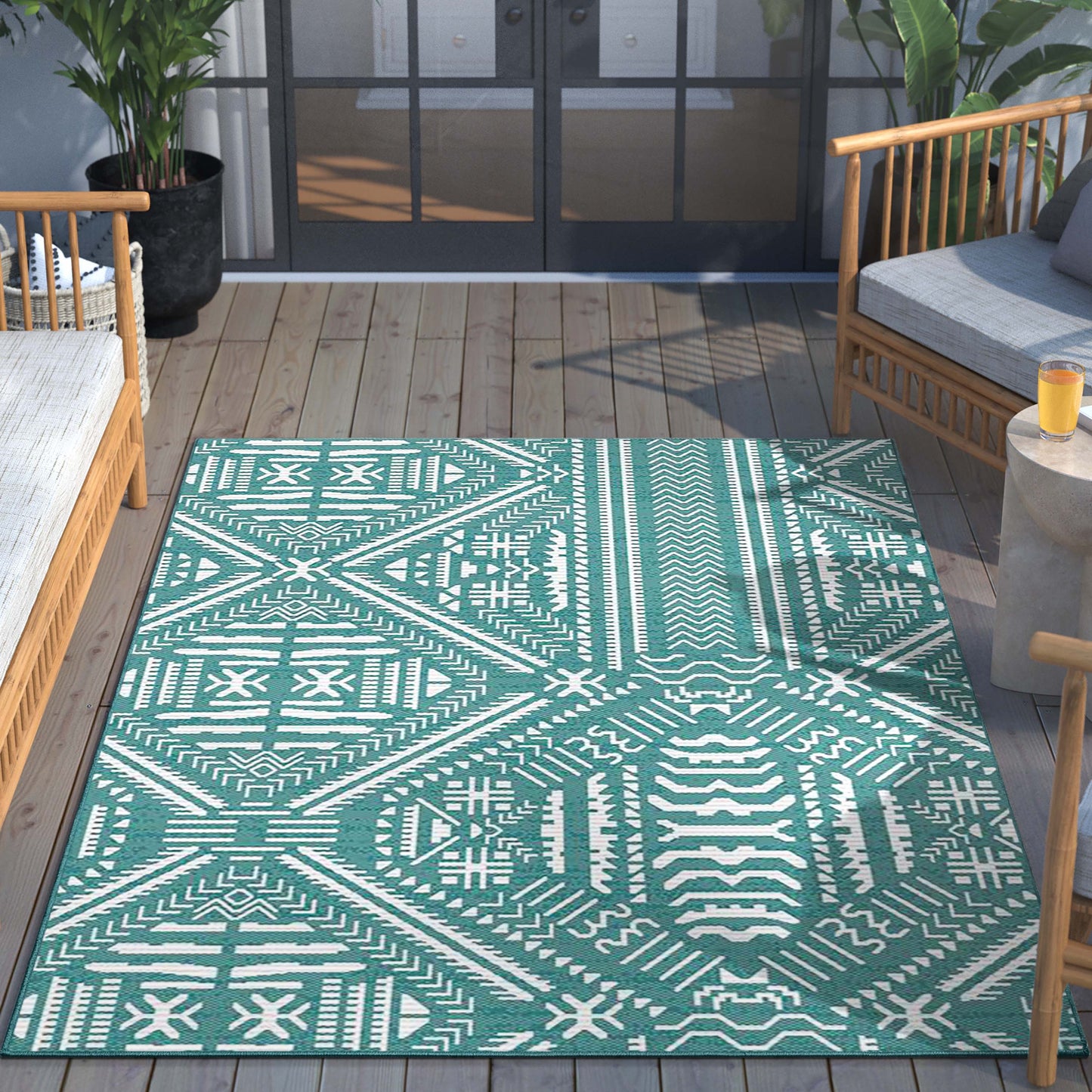 Khalo Tribal Indoor/Outdoor Teal Blue Flat-Weave Rug MED-226