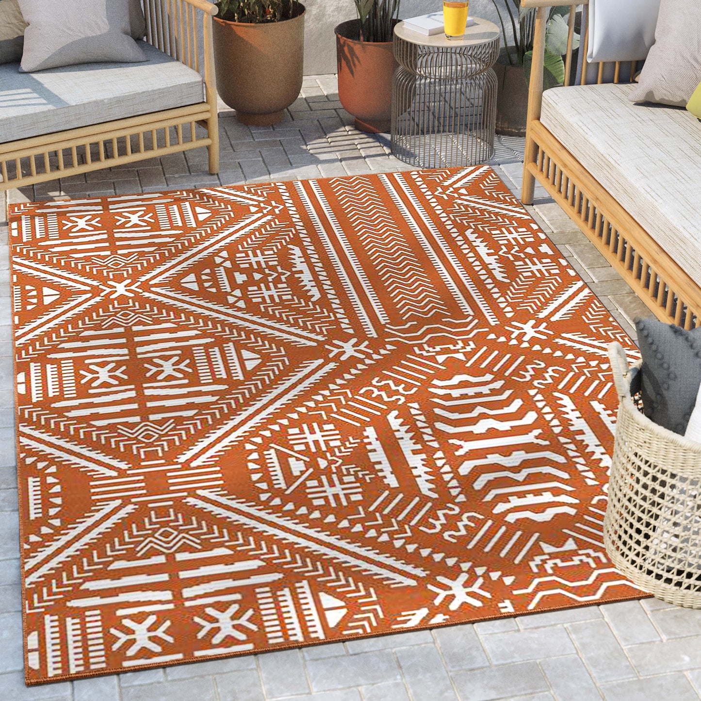 Khalo Tribal Indoor/Outdoor Orange Flat-Weave Rug MED-229