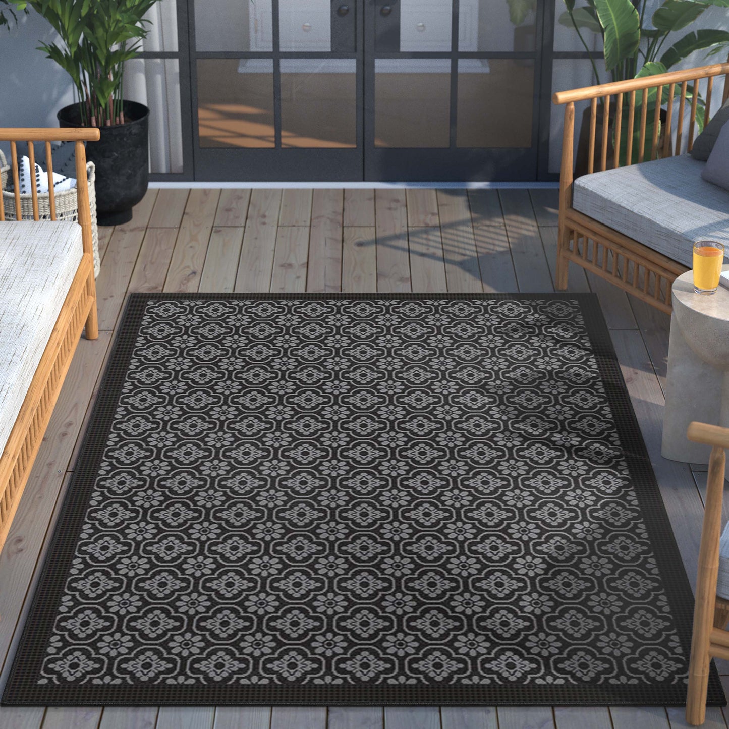 Manola Moroccan Trellis Indoor/Outdoor Black Flat-Weave Rug MED-233