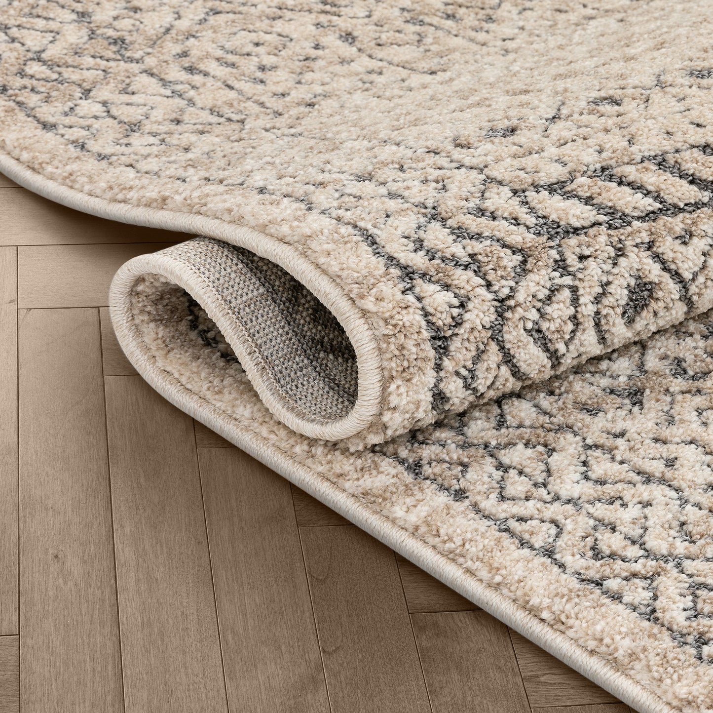 Lyre Tribal Mosaic Tile-Work Beige Distressed High-Low Rug MG-192