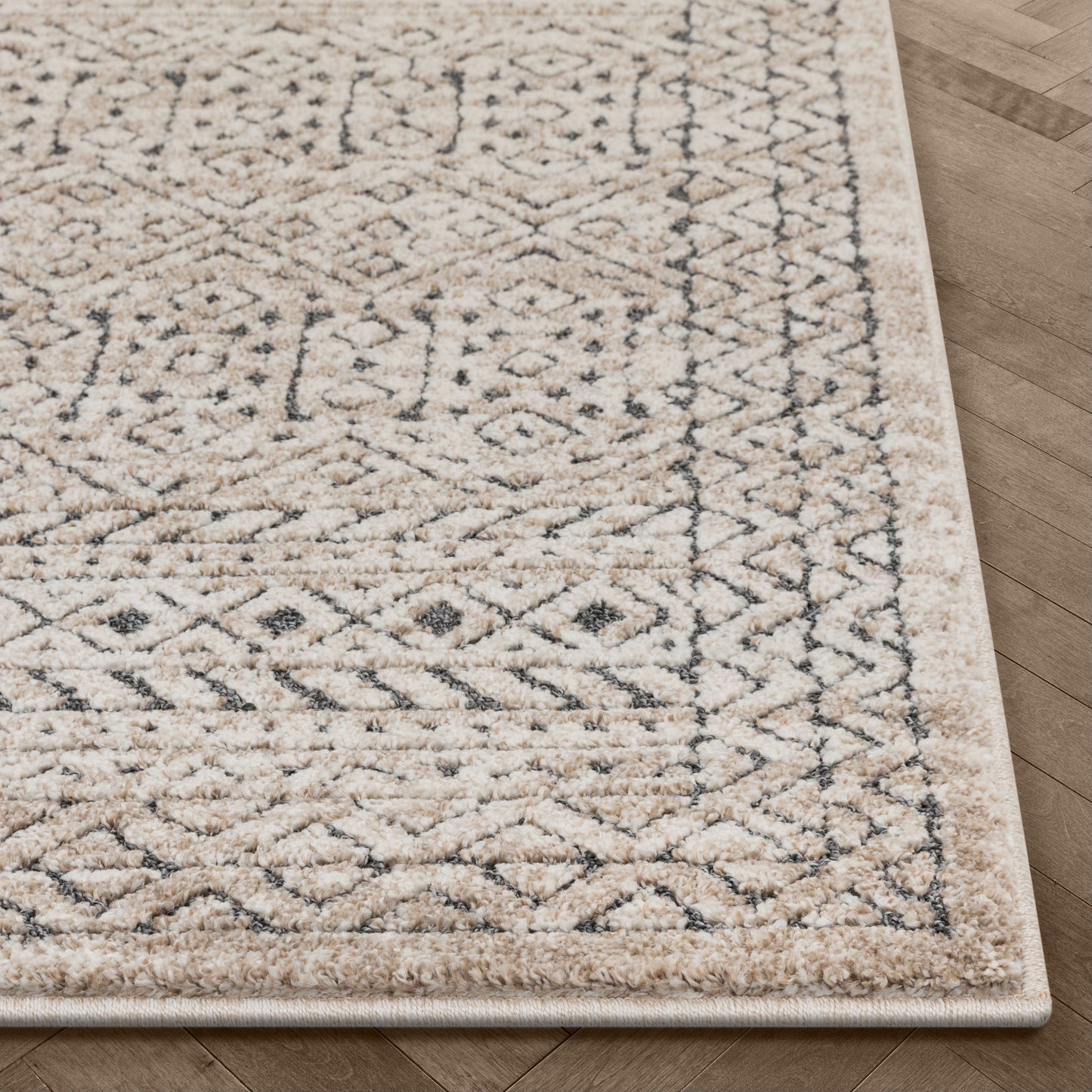Lyre Tribal Mosaic Tile-Work Beige Distressed High-Low Rug MG-192