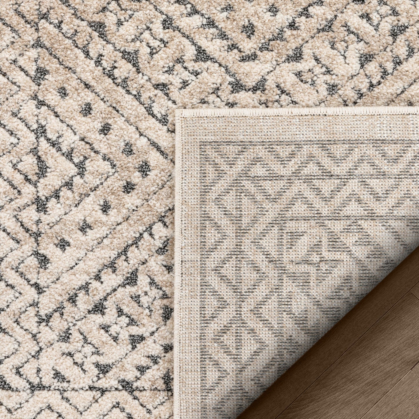 Lyre Tribal Mosaic Tile-Work Beige Distressed High-Low Rug MG-192
