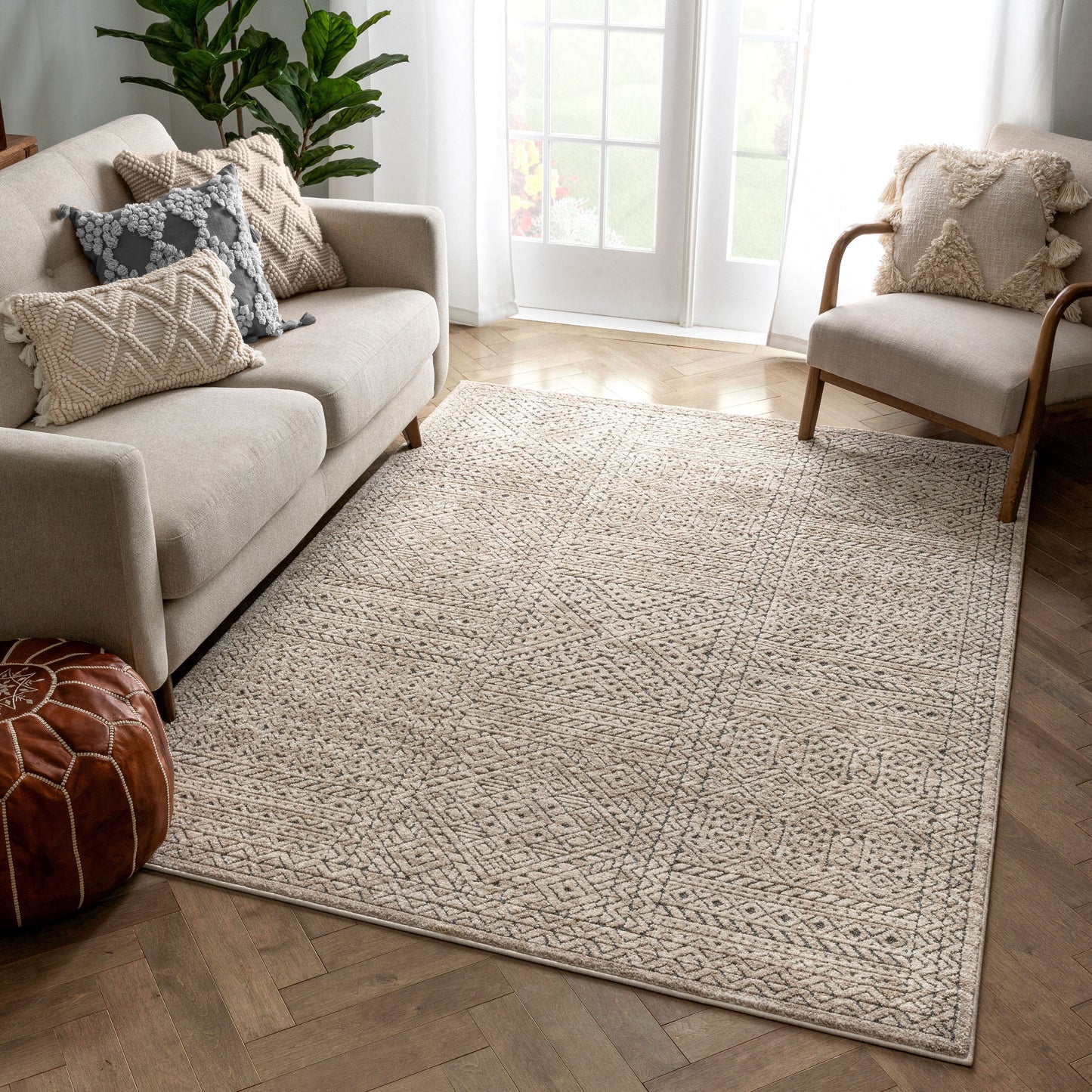 Lyre Tribal Mosaic Tile-Work Beige Distressed High-Low Rug MG-192