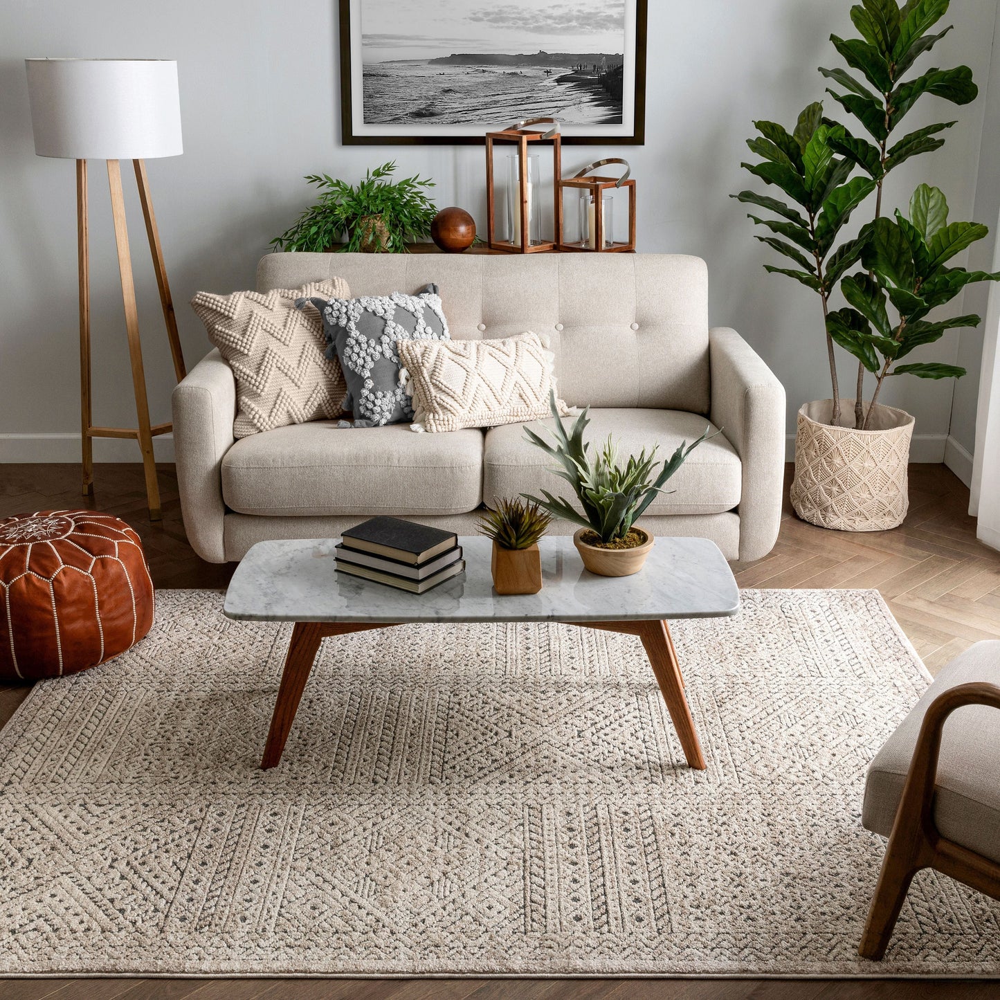Lyre Tribal Mosaic Tile-Work Beige Distressed High-Low Rug MG-192