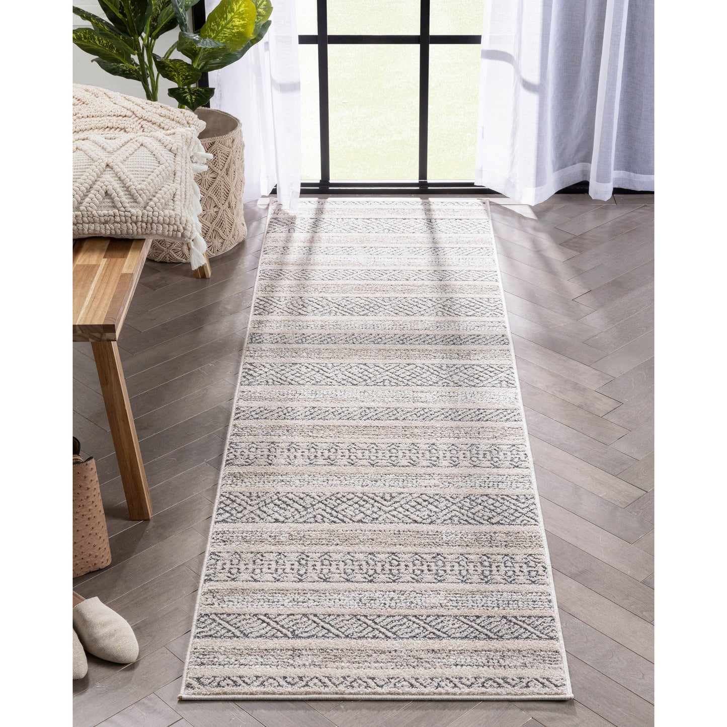 Fresco Tribal Geometric Beige Distressed High-Low Rug MG-202