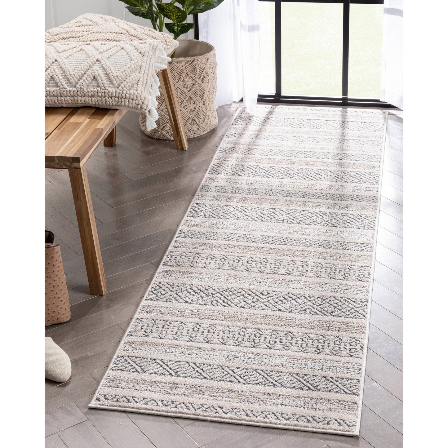 Fresco Tribal Geometric Beige Distressed High-Low Rug MG-202