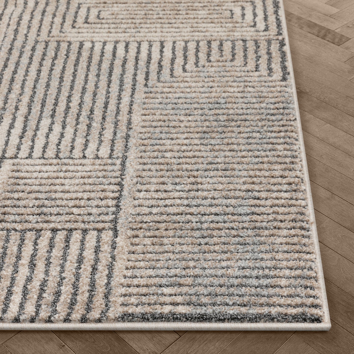 Donna Tribal Geometric Abstract Beige Distressed High-Low Rug MG-212