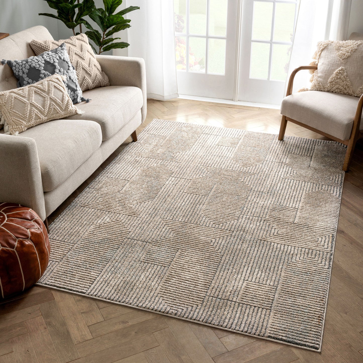 Donna Tribal Geometric Abstract Beige Distressed High-Low Rug MG-212
