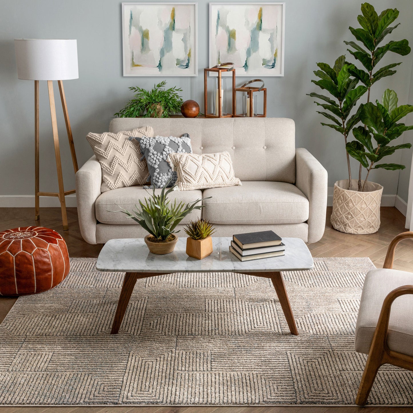 Donna Tribal Geometric Abstract Beige Distressed High-Low Rug MG-212