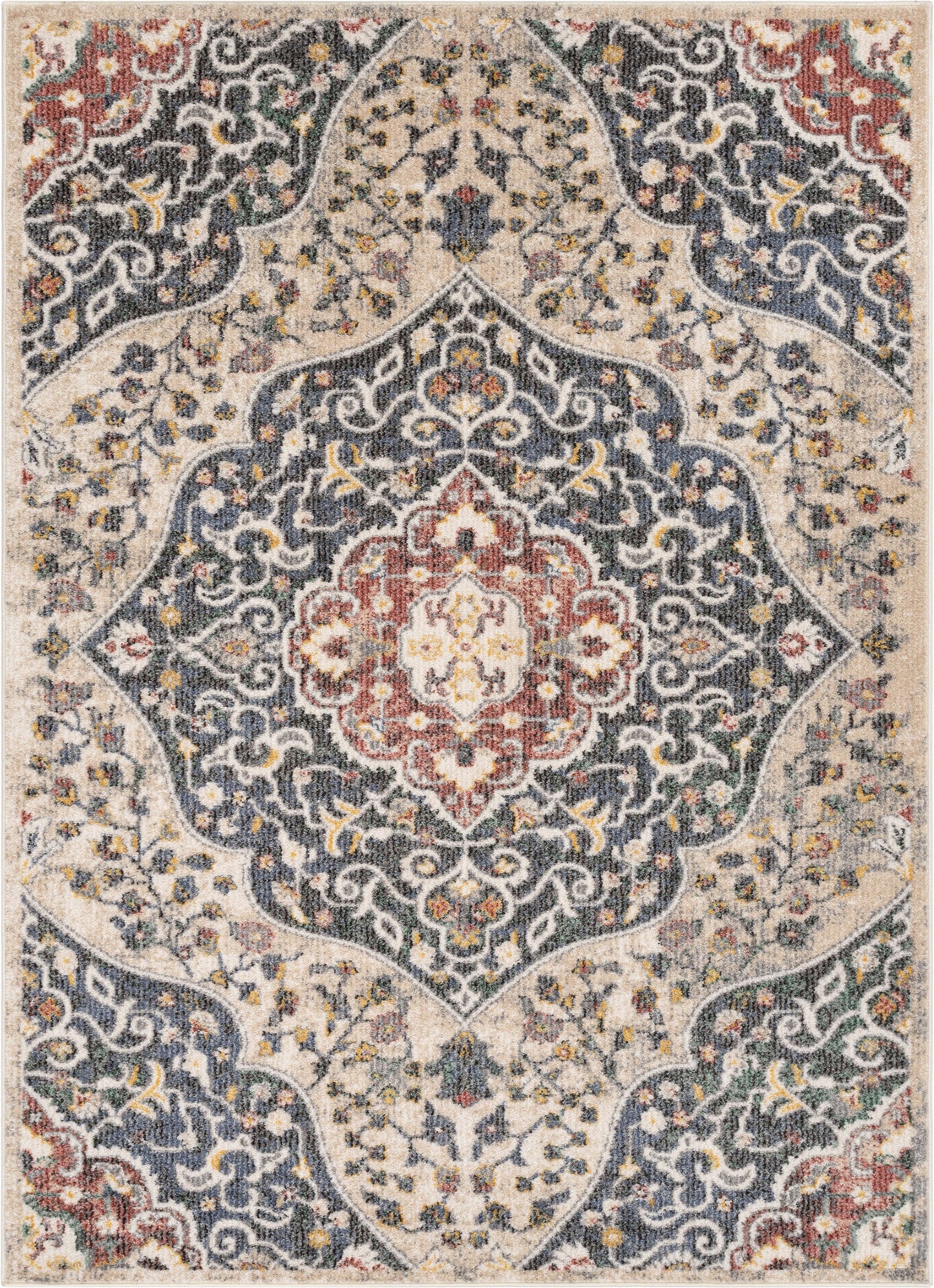 Nantes Vintage Bohemian Persian Oriental Medallion Beige Blue Rug MIR-12