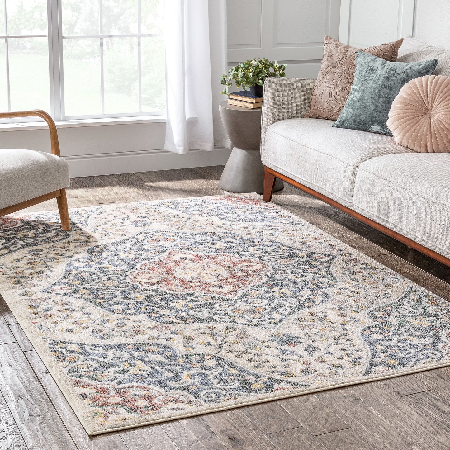 Nantes Vintage Bohemian Persian Oriental Medallion Beige Blue Rug MIR-12