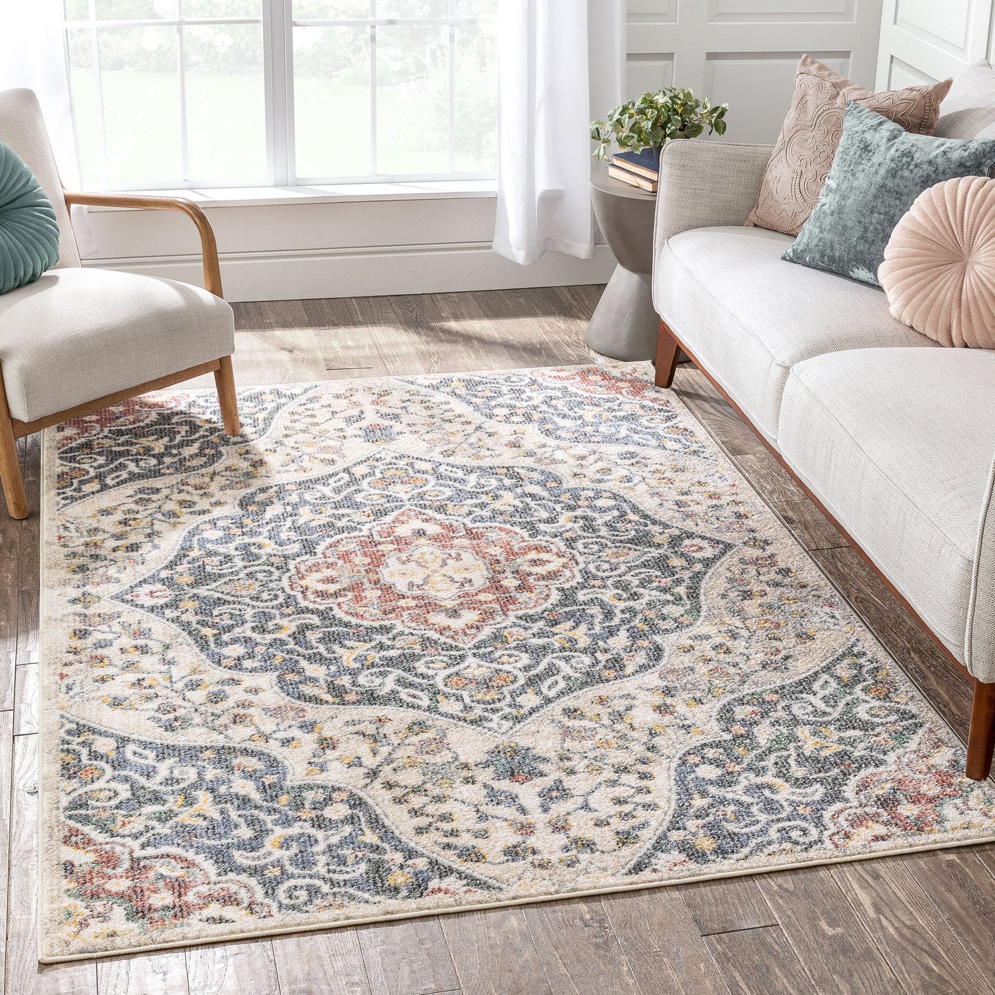 Nantes Vintage Bohemian Persian Oriental Medallion Beige Blue Rug MIR-12