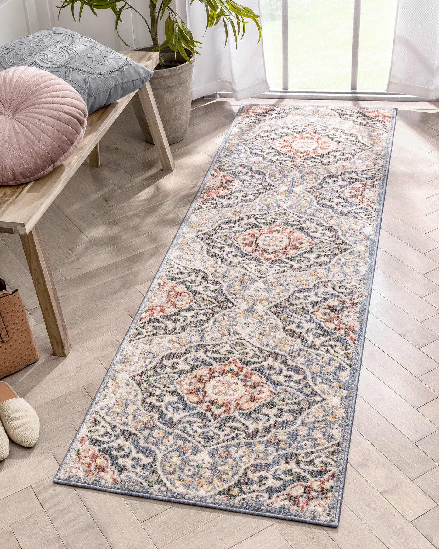 Nantes Vintage Bohemian Persian Oriental Medallion Beige Blue Rug MIR-12