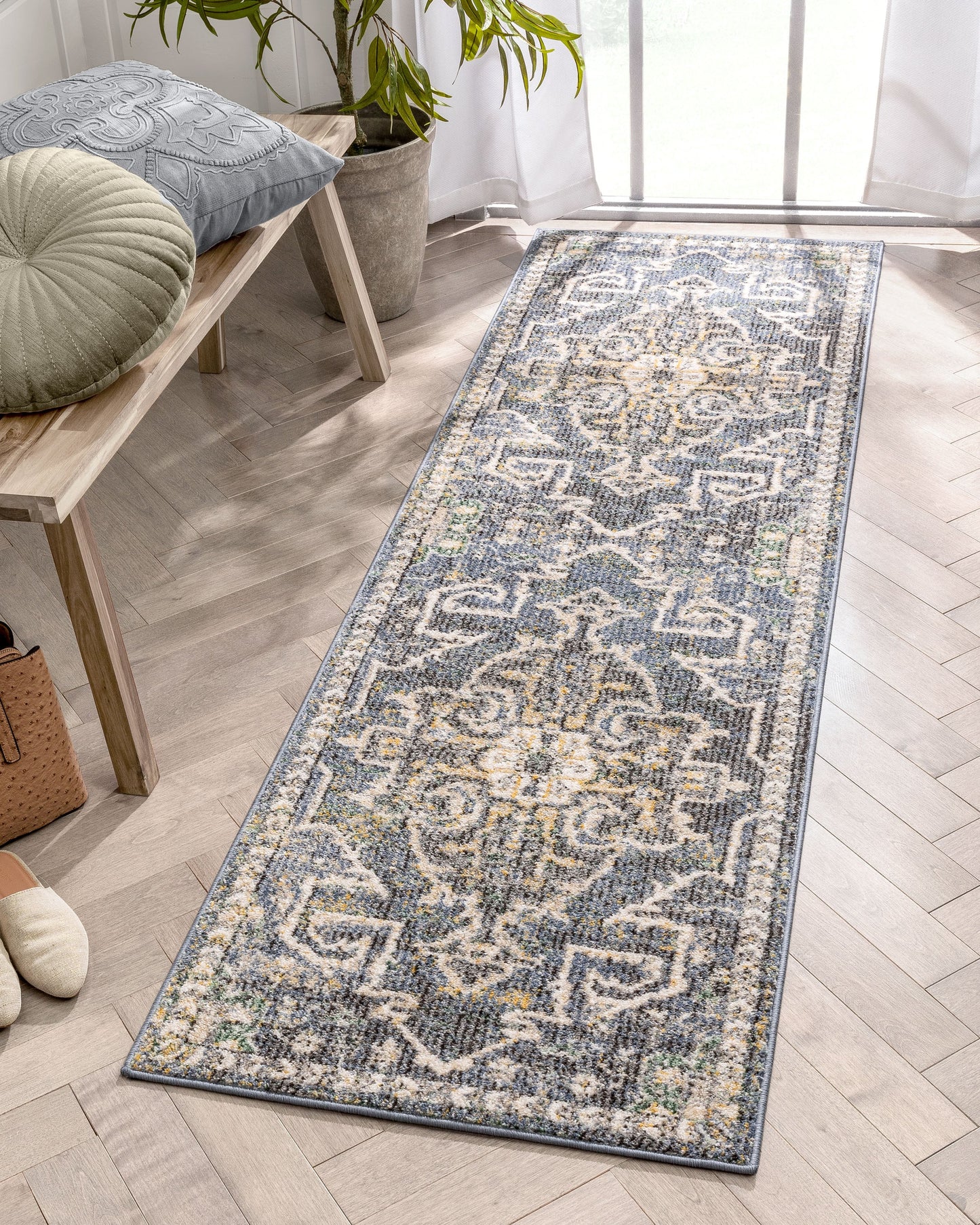 Lyon Vintage Bohemian Medallion Oriental Botanical Blue Rug MIR-24