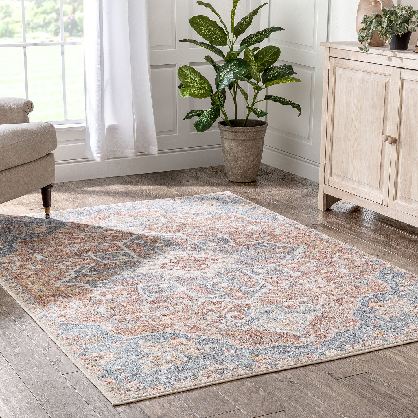Amiens Vintage Bohemian Medallion Oriental Botanical Blue Red Rust Rug MIR-34