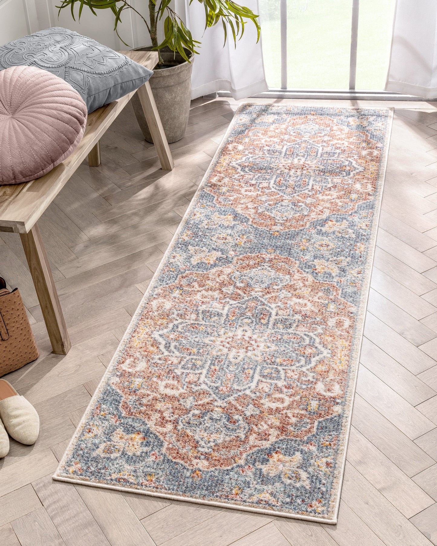 Amiens Vintage Bohemian Medallion Oriental Botanical Blue Red Rust Rug MIR-34