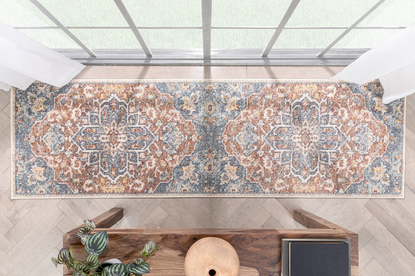 Amiens Vintage Bohemian Medallion Oriental Botanical Blue Red Rust Rug MIR-34