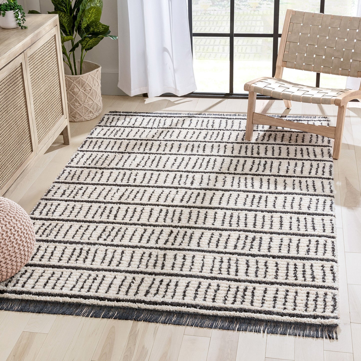 Viho Tribal Geometric Stripes Ivory High-Low Textured Pile Rug MYA-102