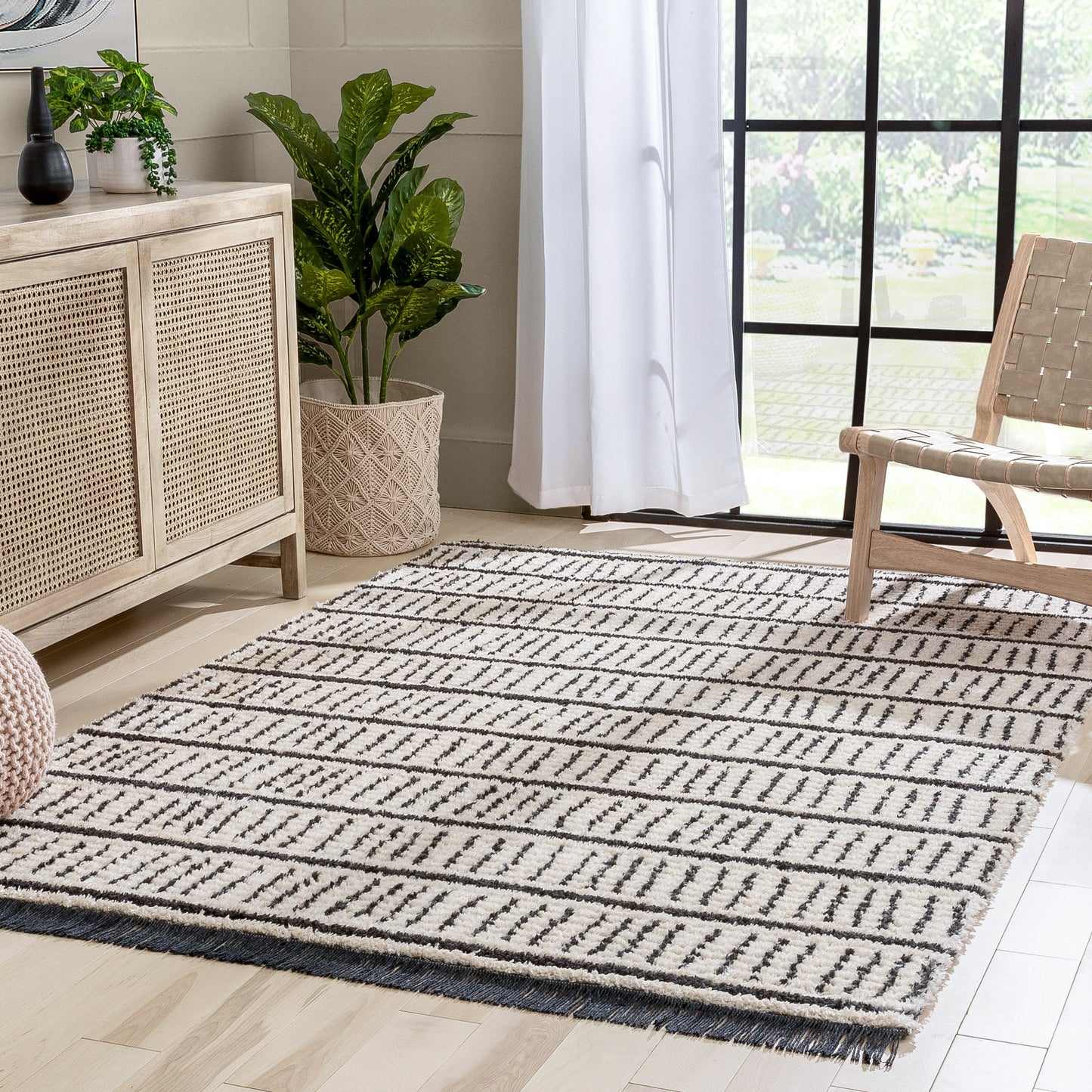 Viho Tribal Geometric Stripes Ivory High-Low Textured Pile Rug MYA-102