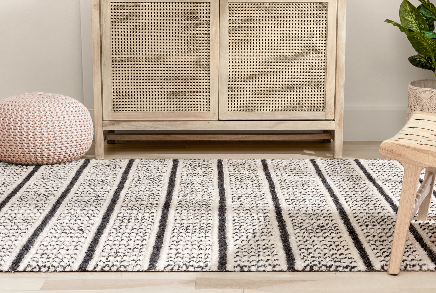 Viho Tribal Geometric Stripes Ivory High-Low Textured Pile Rug MYA-102