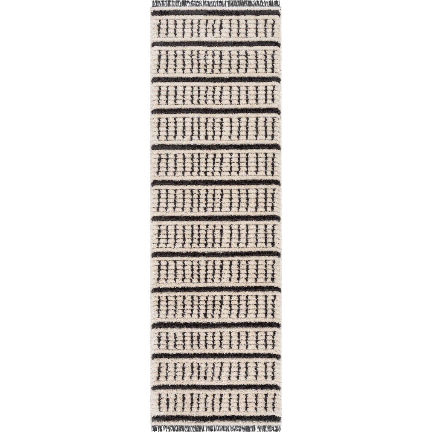 Viho Tribal Geometric Stripes Ivory High-Low Textured Pile Rug MYA-102