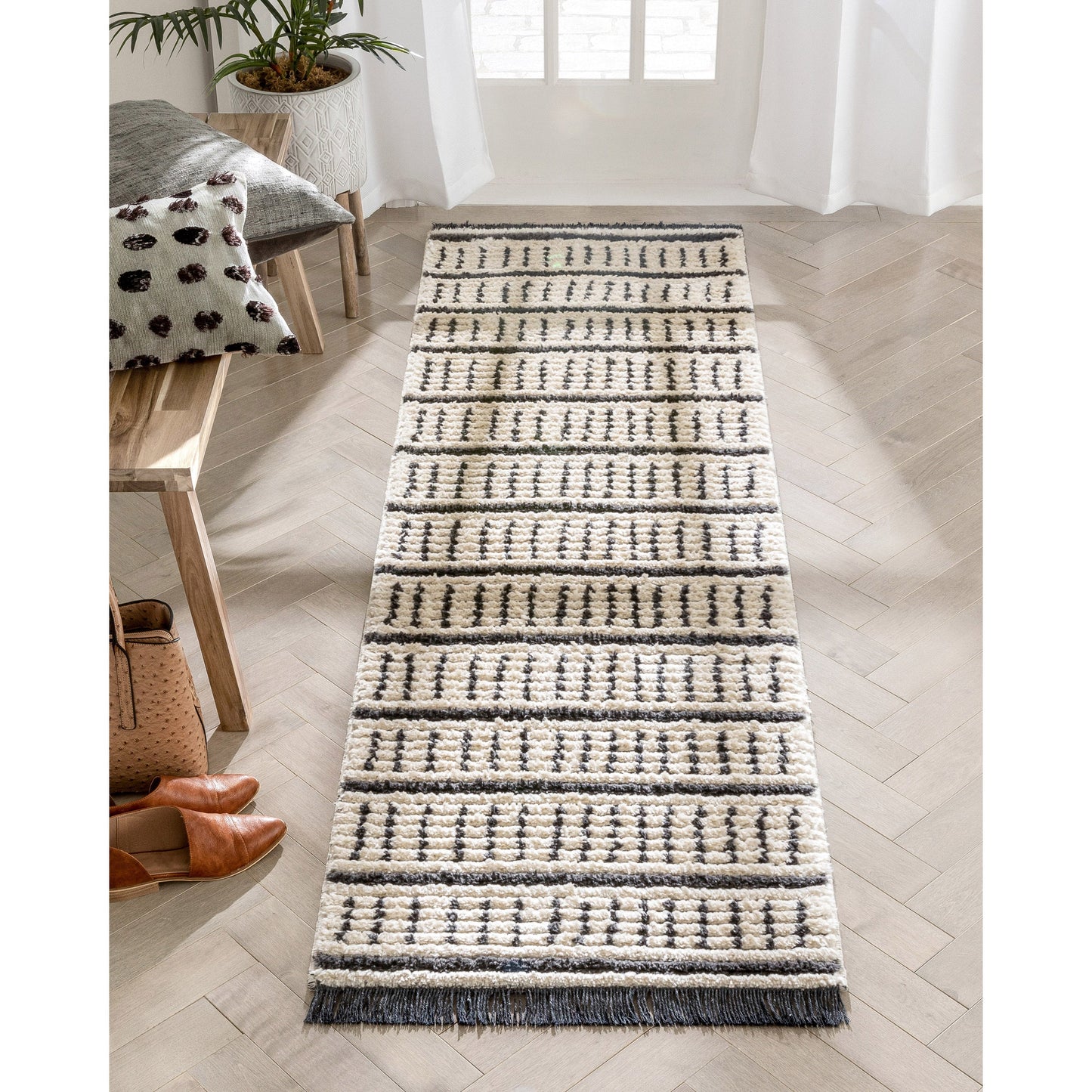 Viho Tribal Geometric Stripes Ivory High-Low Textured Pile Rug MYA-102