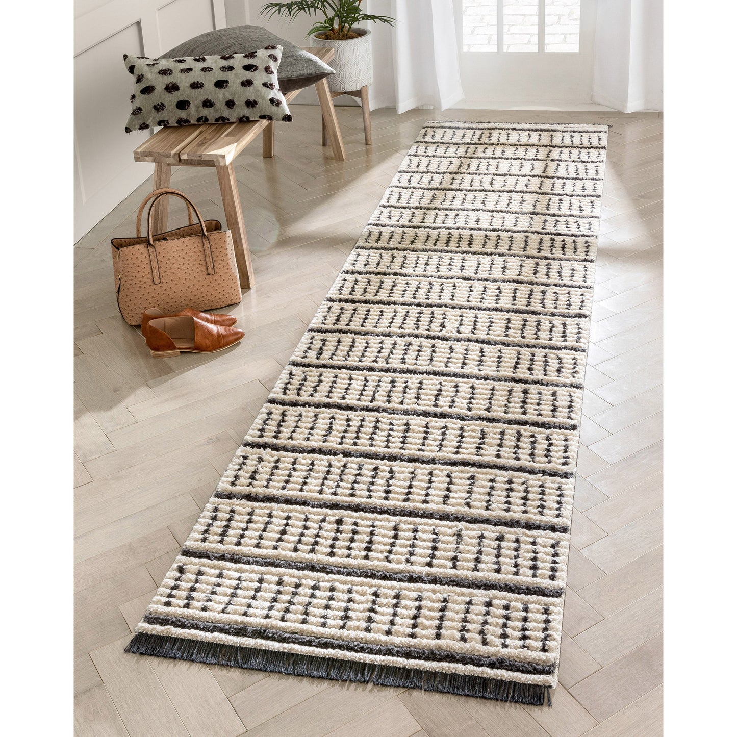 Viho Tribal Geometric Stripes Ivory High-Low Textured Pile Rug MYA-102