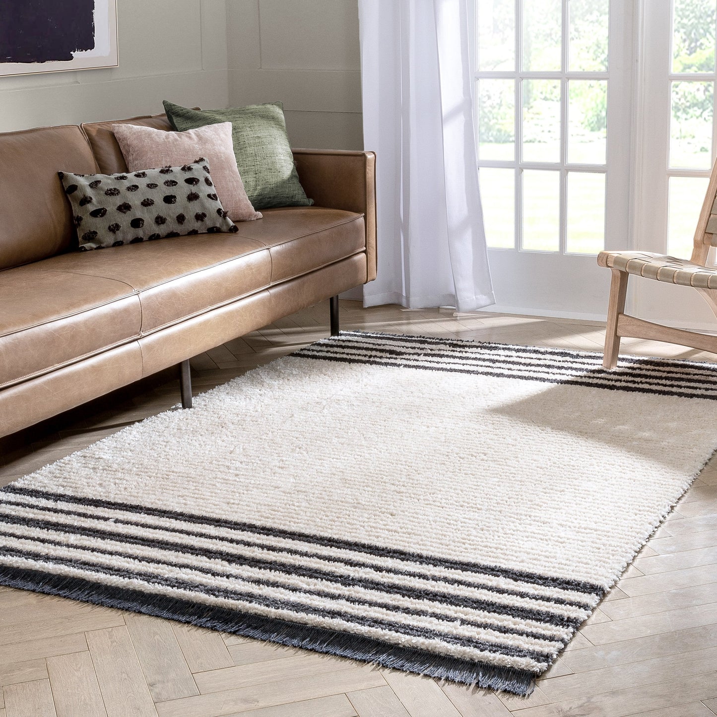 Adriel Tribal Solid Border Pattern Ivory High-Low Textured Pile Rug MYA-112
