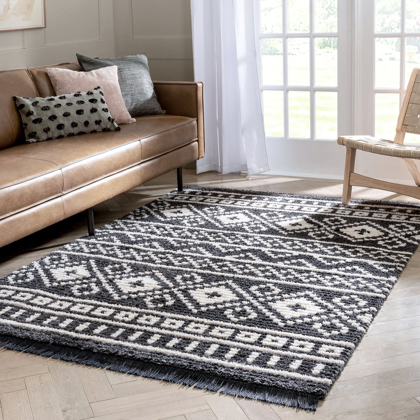Nokomis Tribal Diamond Lattice Pattern Grey High-Low Textured Pile Rug MYA-17