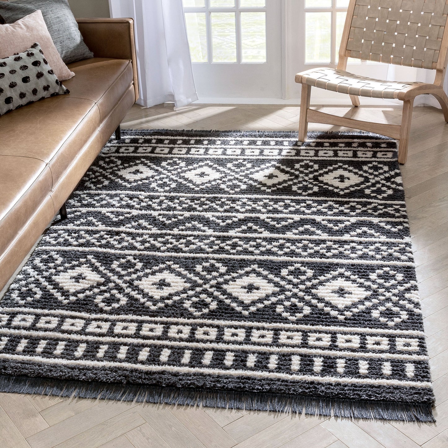 Nokomis Tribal Diamond Lattice Pattern Grey High-Low Textured Pile Rug MYA-17
