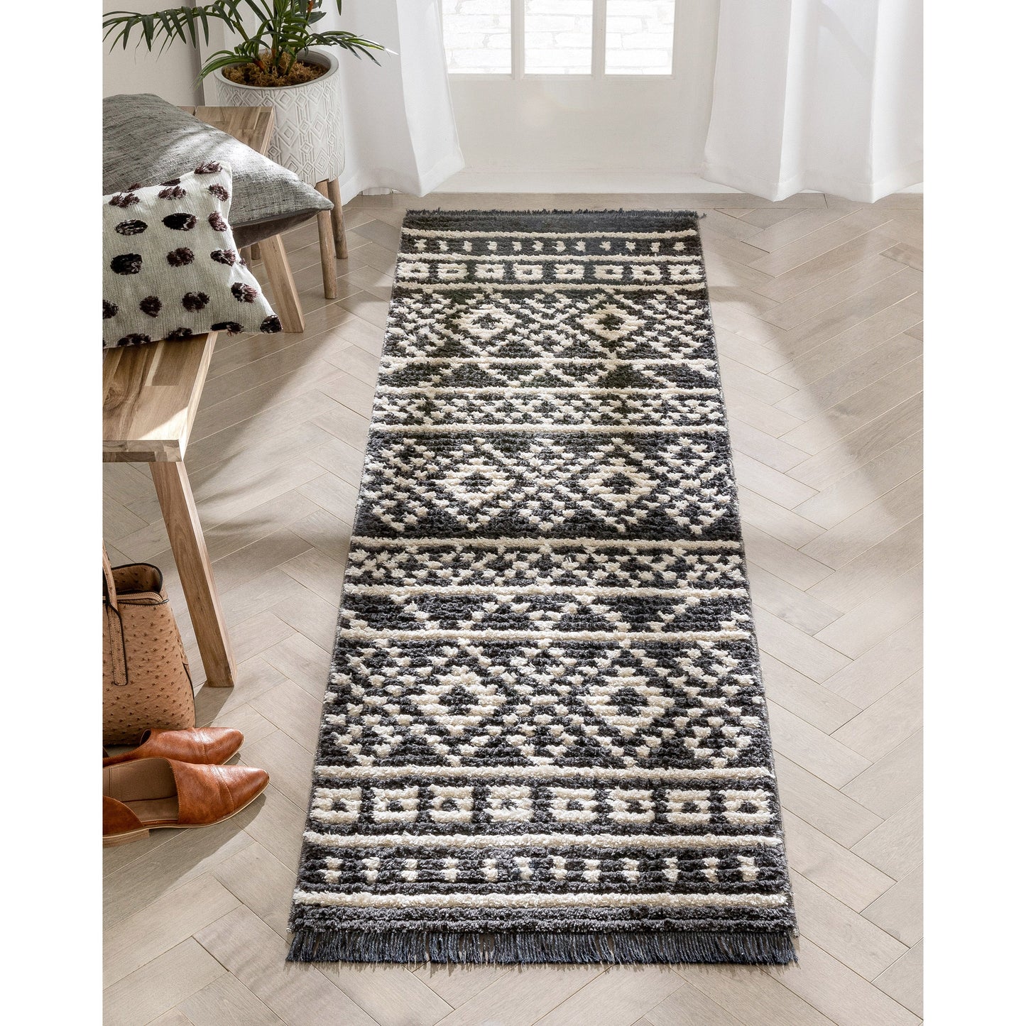 Nokomis Tribal Diamond Lattice Pattern Grey High-Low Textured Pile Rug MYA-17
