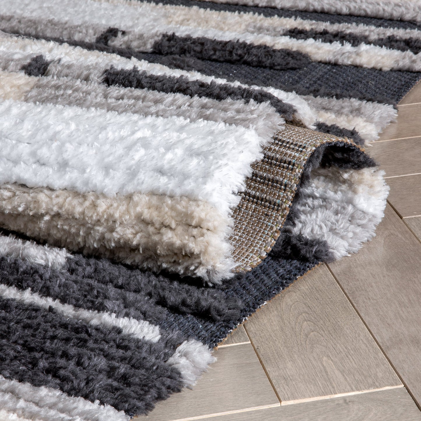 Tiva Tribal Geometric Stripes Grey High-Low Textured Pile Rug MYA-57